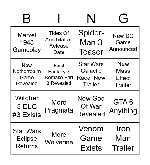 State Of Play Bingo Card