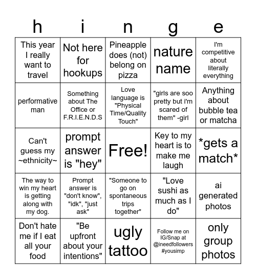 HINGE Bingo Card