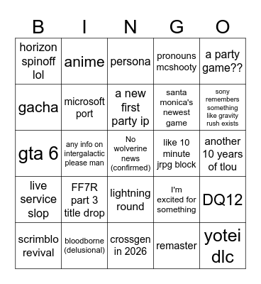 an hour of sony slop Bingo Card
