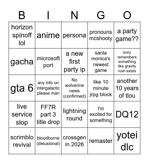 an hour of sony slop Bingo Card