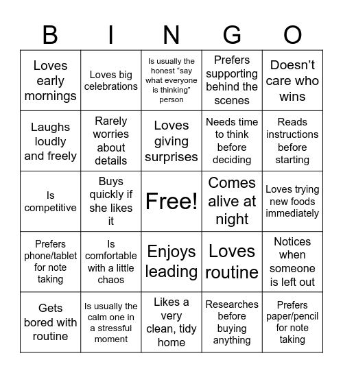 PERSONALITY BINGO! Bingo Card