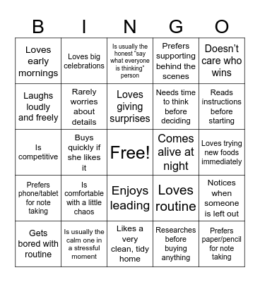 PERSONALITY BINGO! Bingo Card