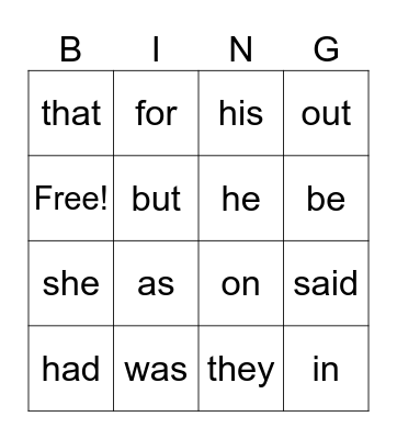 Sight words 11-20 Bingo Card