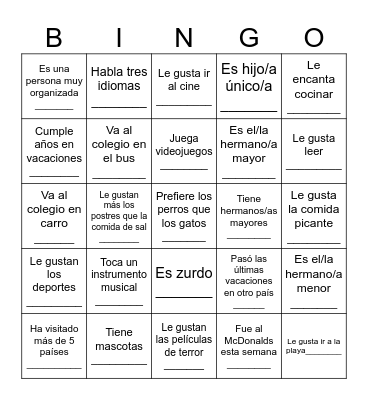BINGO para conocerse Bingo Card