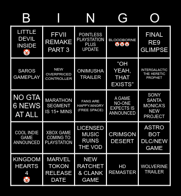 PLAYSTATION STATE OF PLAY Bingo Card
