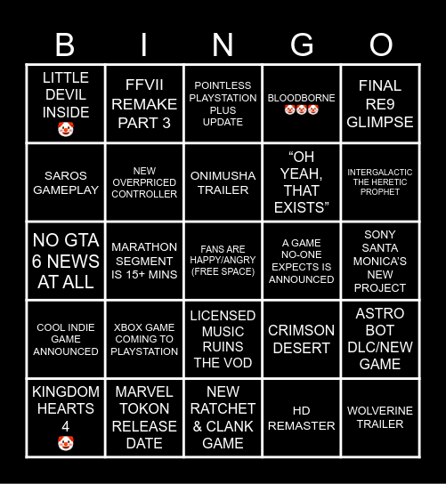 PLAYSTATION STATE OF PLAY Bingo Card
