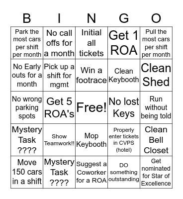 Valet Bingo  Bingo Card