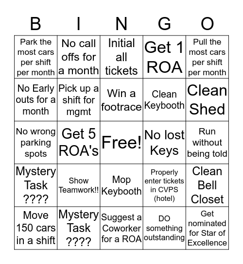 Valet Bingo  Bingo Card