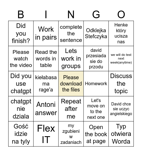 Angielski Bingo Card