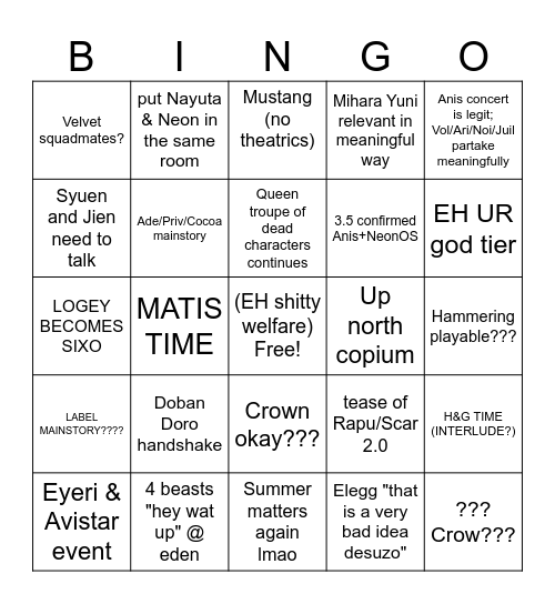 NGOV pre 3.5 Bingo Card