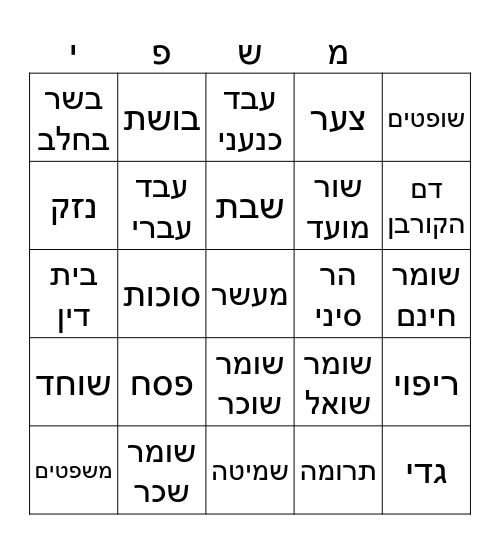פרשת משפטים Bingo Card