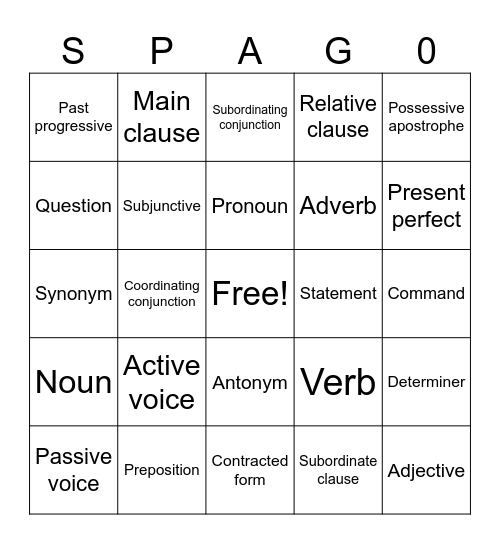 SPAG Bingo Card