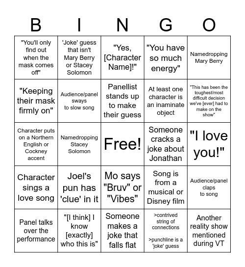 The Masked Singer UK Bingo Card Bingo Card