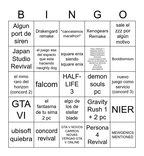 PLAYSTATION SHOWCASE Bingo Card