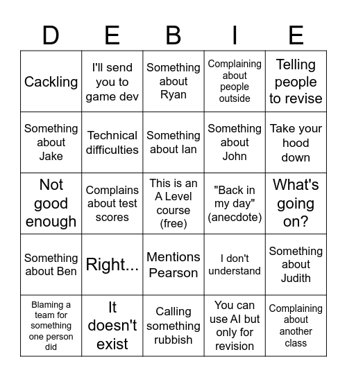 Debbie Bingo Card