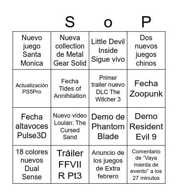 State of Play Bingo Card