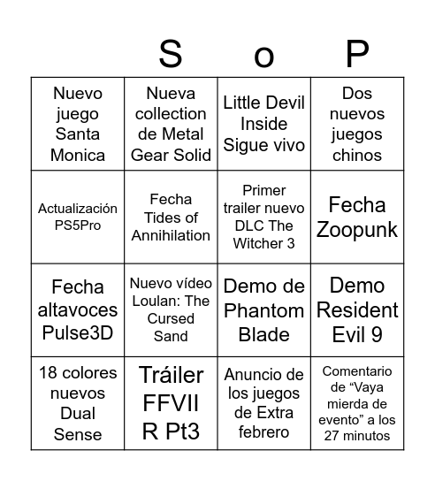 State of Play Bingo Card