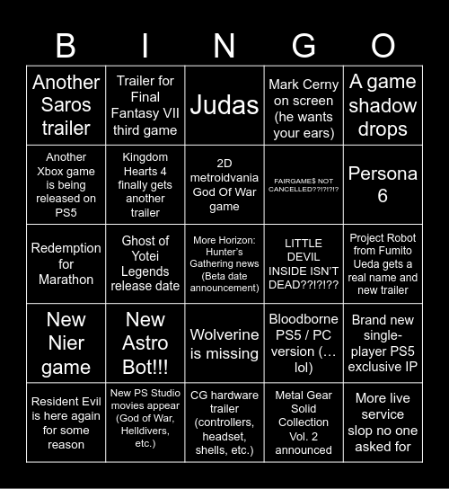 PlayStation State of Play Bingo Card