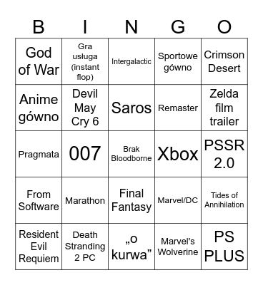 State of Play Bingo Card