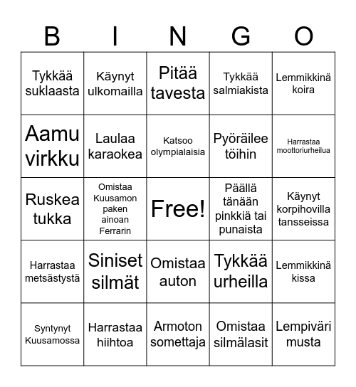 Ystävänpäivä Bingo Card