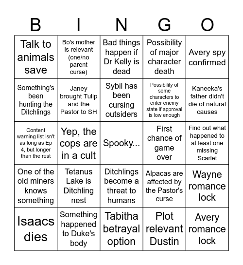 SH Ep 5 Predictions Bingo Card