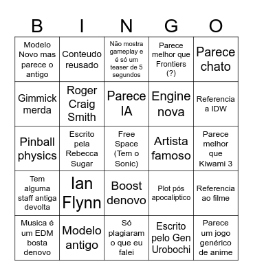 Sonic Bingo Card