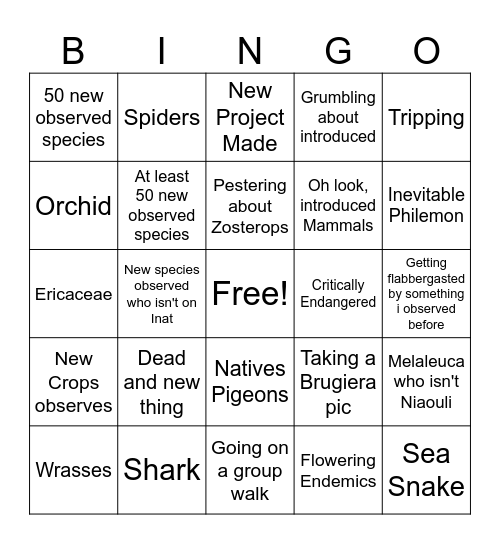 Inat Bingo Card