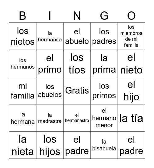 Familia Bingo Card