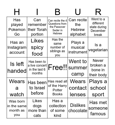 Hibur Bingo Card