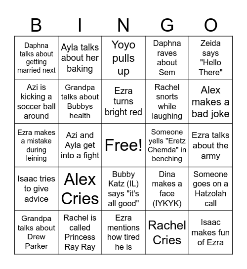 Ezra's Ufruf Bingo Card