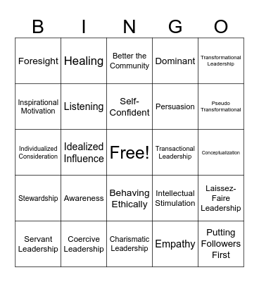 Transformational/Servant Leader Bingo Card
