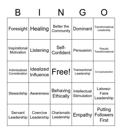 Transformational/Servant Leader Bingo Card