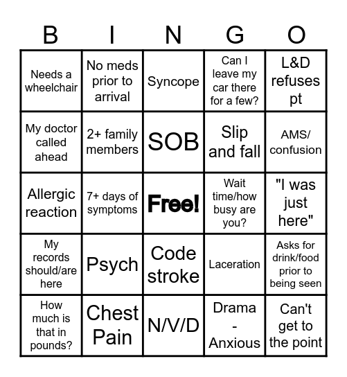 Triage Bingo Card