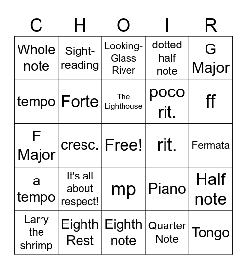 Walnut Hill Choir Bingo Card