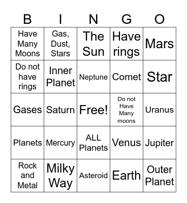 SPACE BINGO Card
