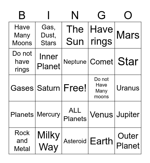 SPACE BINGO Card