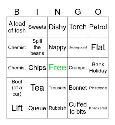 BRITISH VOCABULARY Bingo Card