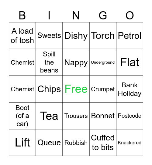 BRITISH VOCABULARY Bingo Card