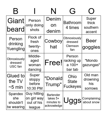 Bar Bingo Card