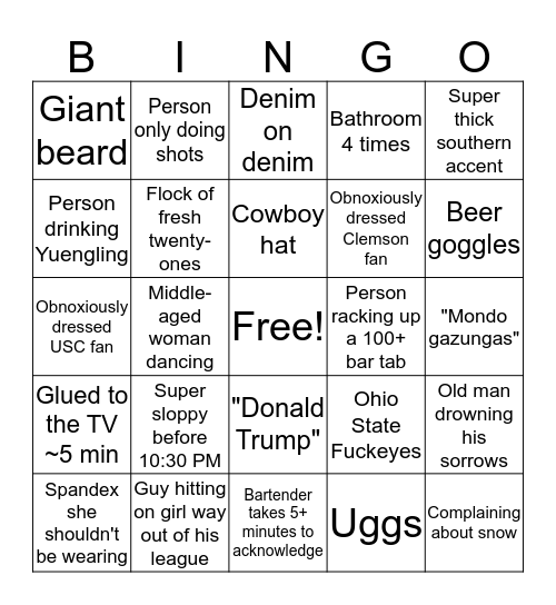 Bar Bingo Card