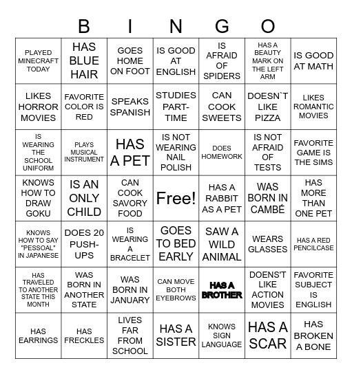 Bingo Class Bingo Card