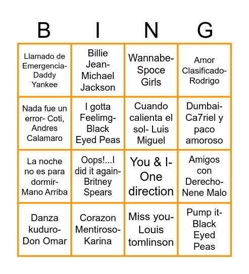 Canciones Bingo Card