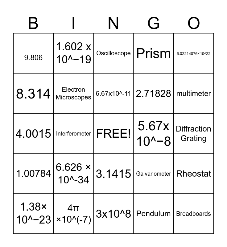 PHYSICS Bingo Card