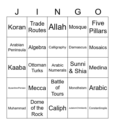 Islamic Civilization Jingo Bingo Card