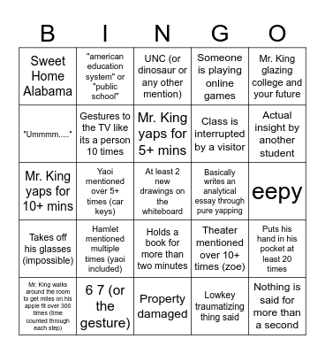 Mr. King's Class Bingo Card