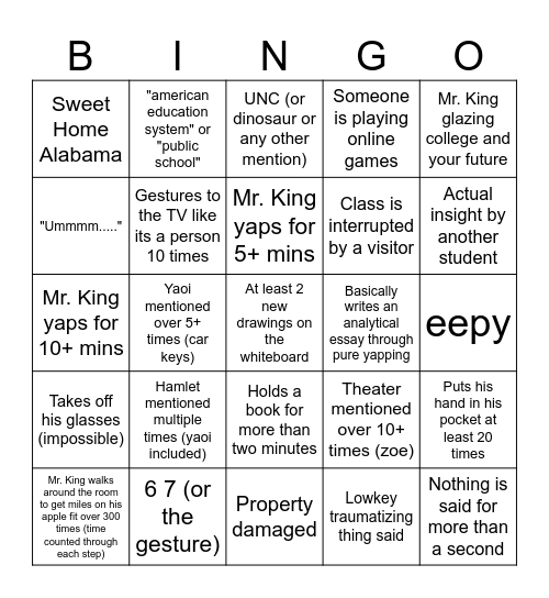 Mr. King's Class Bingo Card