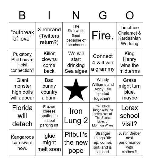 2026 Bingo Card Bingo Card