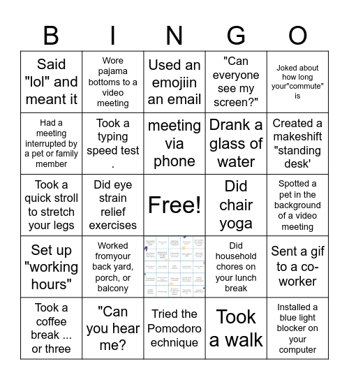 Remote Work Bingo Card