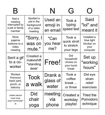 Remote Work Bingo Card