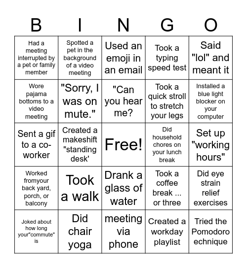 Remote Work Bingo Card